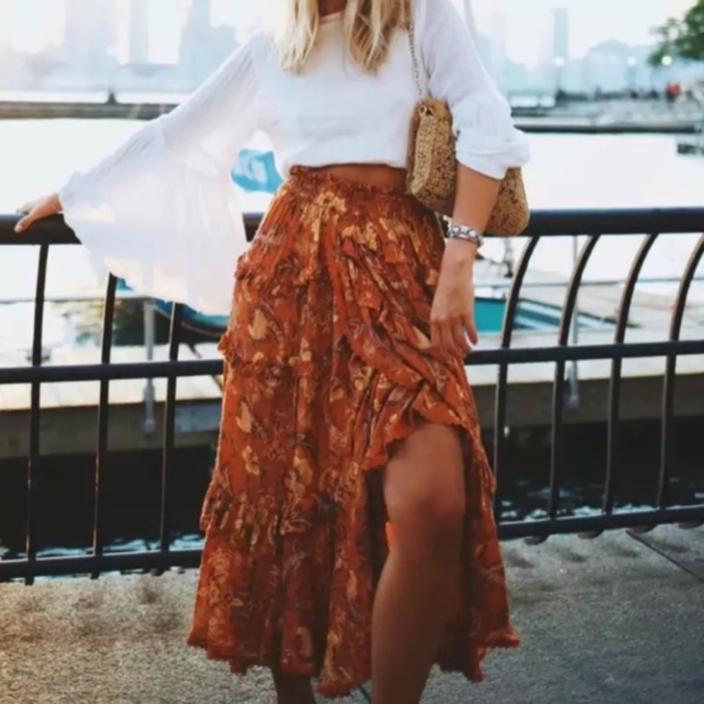 Rust Floral Bohemian Gypsy Ruffle Tier Maxi Skirt - Picture 2 of 8